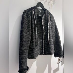 Vince Black/White Fringe-Trim Boucle Collarless Zip Up Jacket